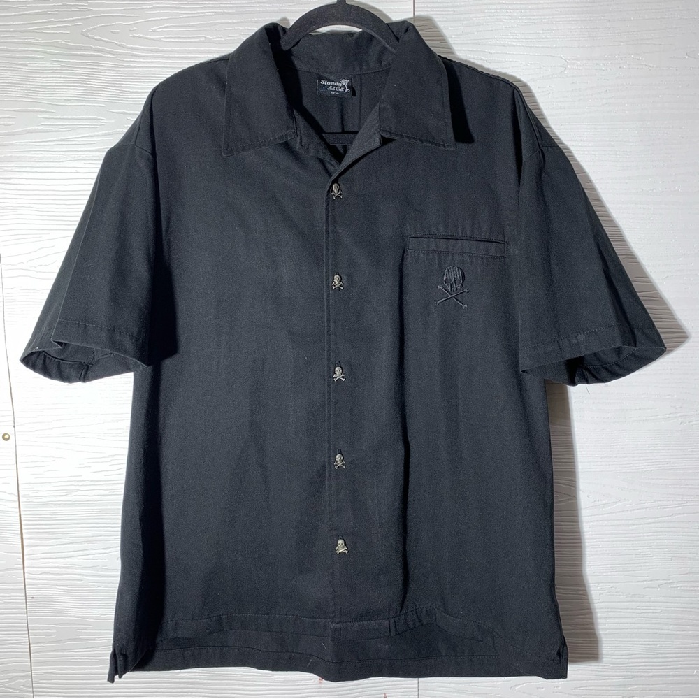 💚 Vintage Steady Last Call Black Skull Crossbones Button Bowling Shirt Large